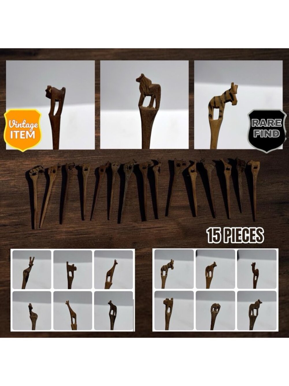 African Wooden Carved Skewers or Cocktail Sticks - Lot of 15 African Animals.